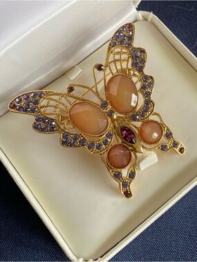 Gold Butterfly Brooch with Peach Cabochons and Purple Crystals